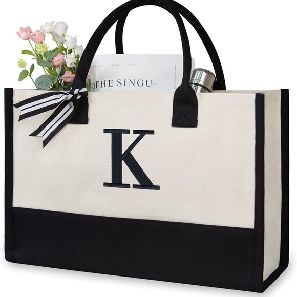 Handbags - Personalized Canvas Beach Bag Monogram Gift Tote for Women 17x12